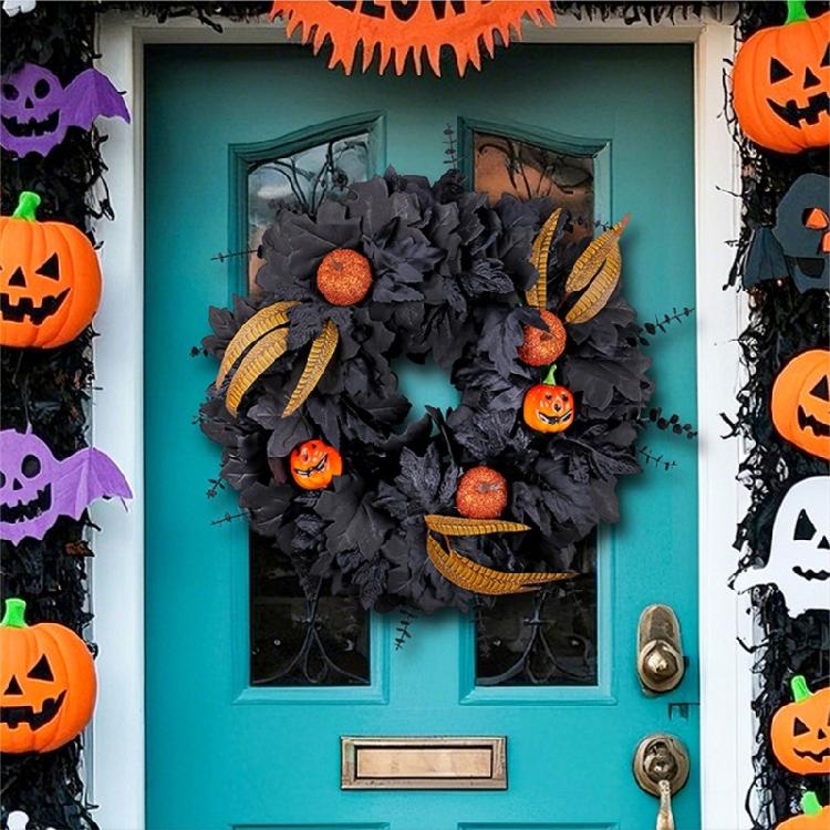 Halloween Wreath Black Plastic Maple Leaf With Cloth Pumpkins Outdoor Indoor Party Decoration Mysterious Door Ornament