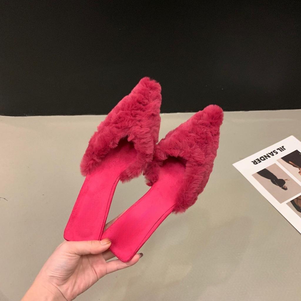 2024 Autumn New Slippers Women's Fashion Temperament Beautiful Color Fluffy Half Slippers Women's Fine Heel High Heel Bag Head Drag