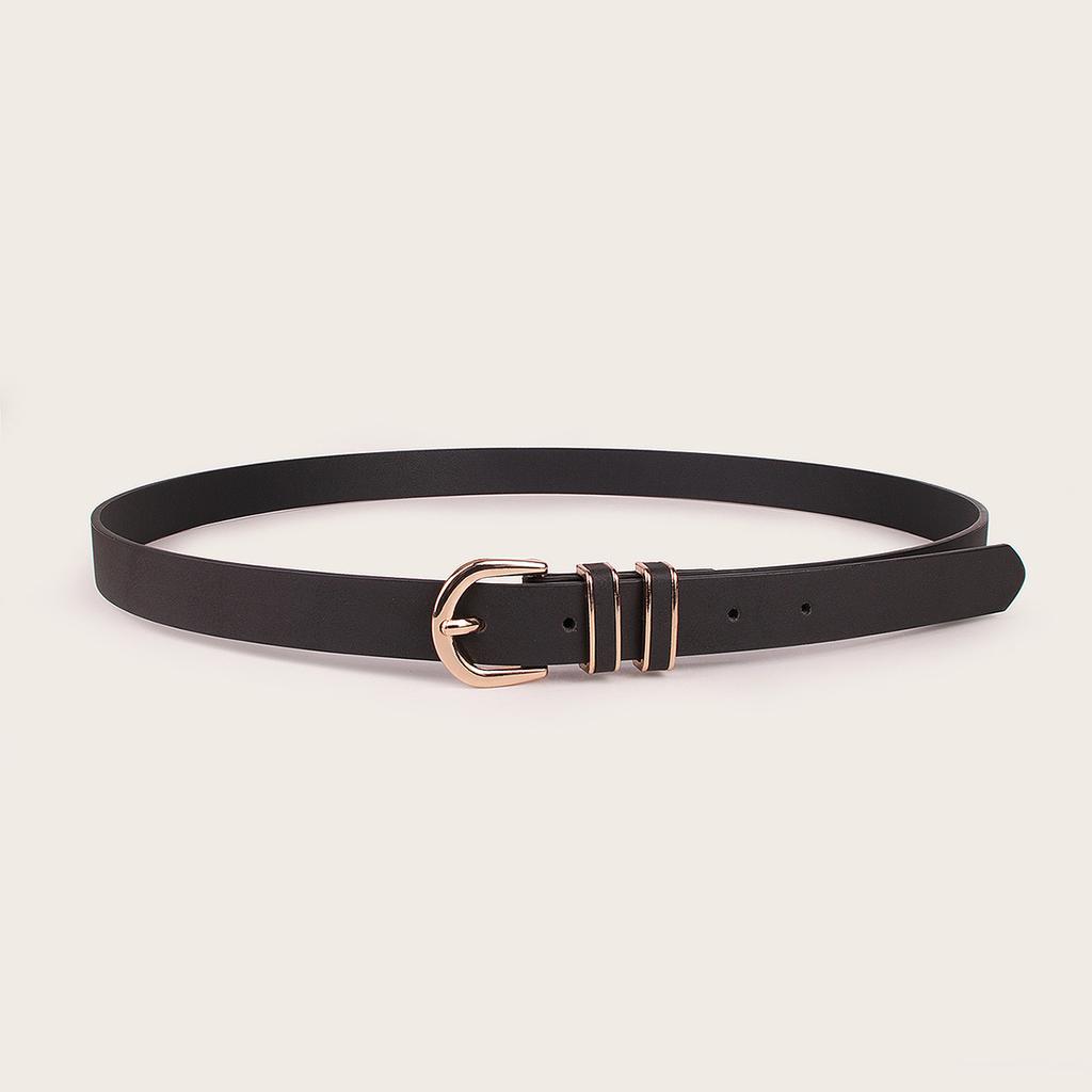New Textured Women's Double Ring Leather Pin Buckle Black Glossy Fashionable Young Versatile Belt