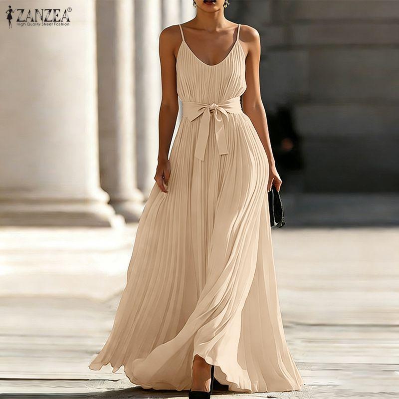 ZANZEA Bohemian Women Elegant V-Neck Straps Sleeveless Sling Long Dress