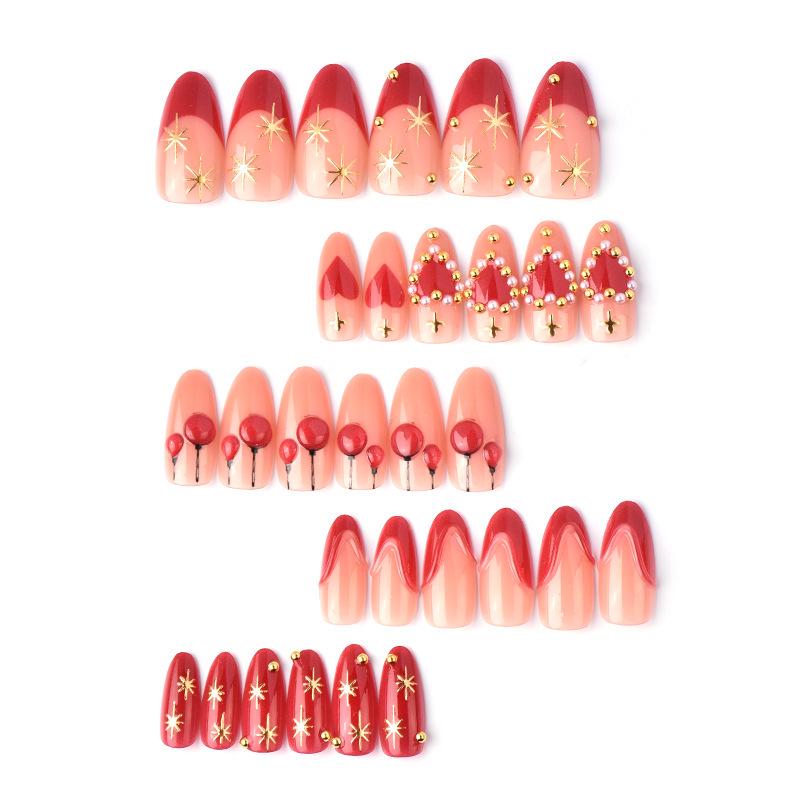 30-Piece Handmade Almond French 3D Heart Star Valentine's Day Wearable Nail Art