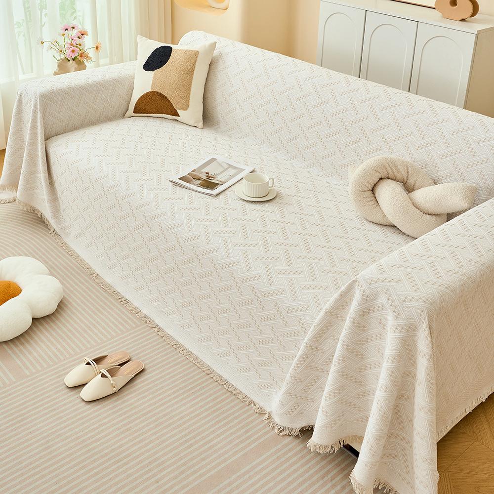 Ins Minimalist Soft Cotton Yarn T-Grid Sofa Throw One-Piece Sofa Mat Machine Washable All-Season Full Coverage Universal Sofa Cover Versatile
