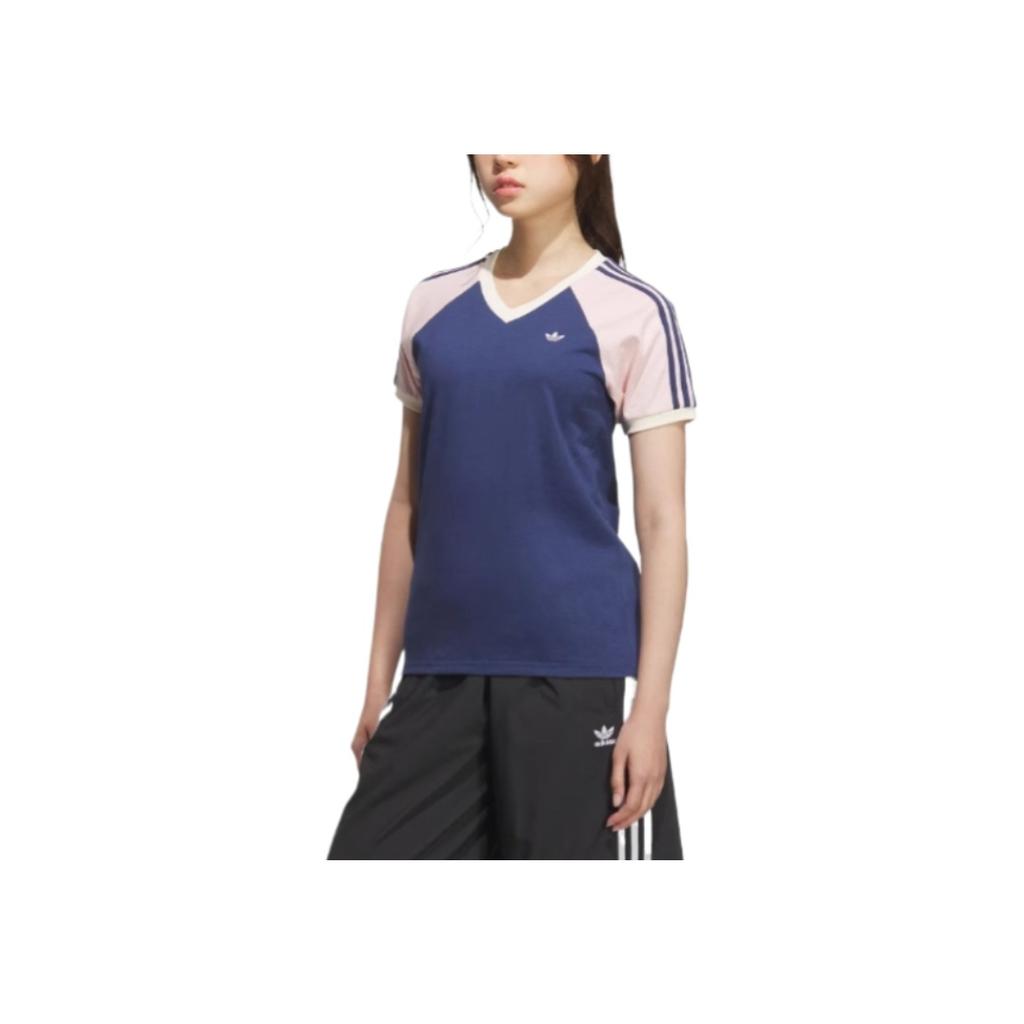 adidas Originals Classic Fashion Simple Versatile Short Sleeve Raglan T-Shirt Women Tops Dark-Indigo Light-Pink KF0315