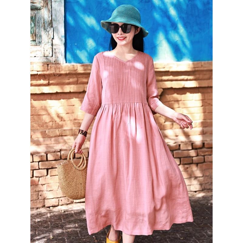 2026 Summer Cotton Linen V-Neck Artistic Long Dress for Women