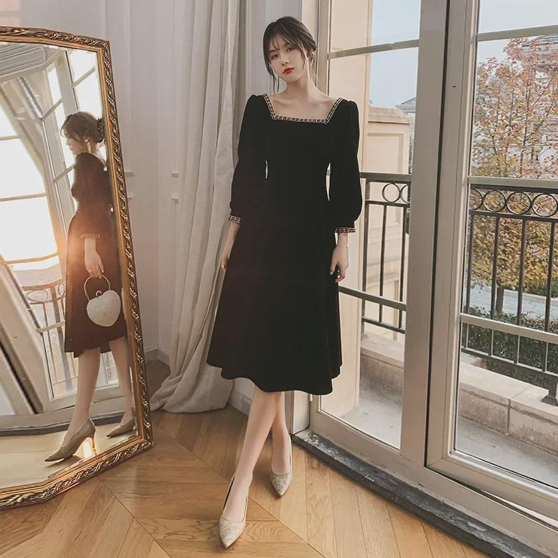 2022 Elegant Black Evening Dress for French Annual Meeting, Light Luxury Host Dress for Women