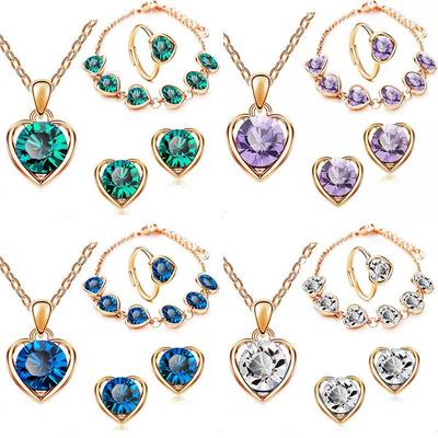 Women's Crystal Heart Jewelry Set: Necklace, Earrings, Ring, and Bracelet