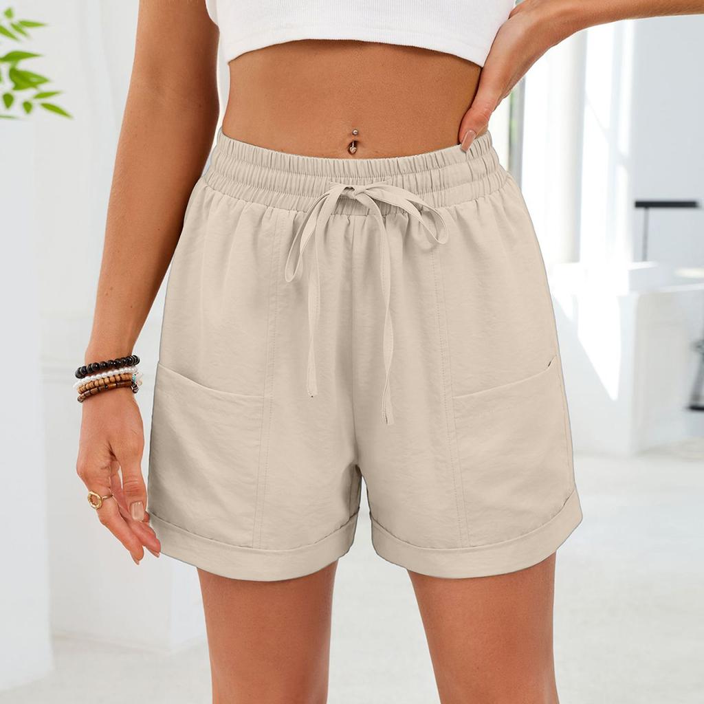 Women's Casual Fashion -Color Elastic Waistband Pocketed Wide-Leg Straight-Cut Shorts