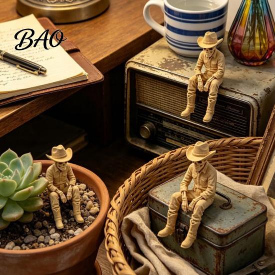 Western Theme Party Supplies 3D Printed Cowboy Skeleton Figurine, Sitting Statue Edge Rustic Desk Decor Sitter, West Style Desktop Shelf for