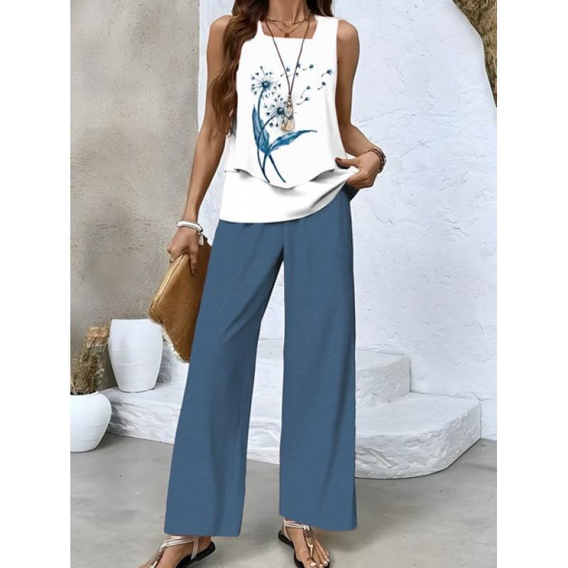 New spot European and American women's clothing hot-selling sleeveless double-layer vest pants set T-shirt