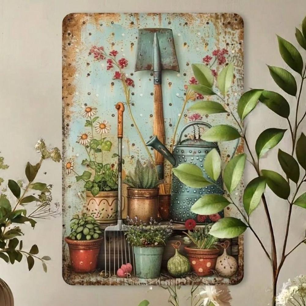 Vintage Metal Wall Art, Garden Tool Flower Pot Decor for Living Room Kitchen Home Indoor Outdoor