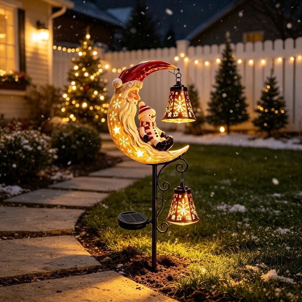 LED Glowing Christmas Moon Solar Stake Light Waterproof with Bell Xmas Garden Stake Lamp Solar Powered Hollow Lantern
