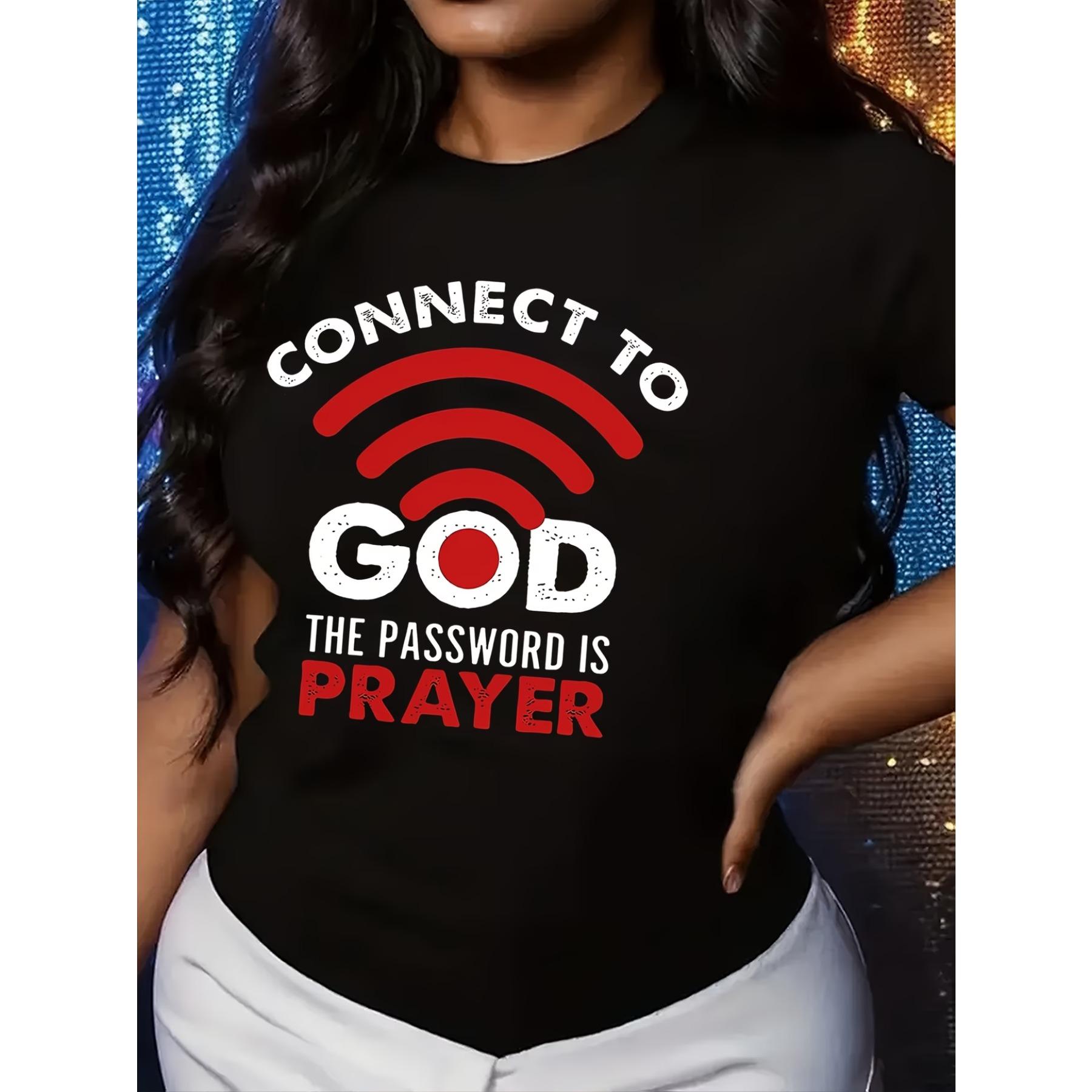 Женская повседневная футболка с круглым вырезом и принтом «Соединись с Богом, пароль — молитва» S чёрный