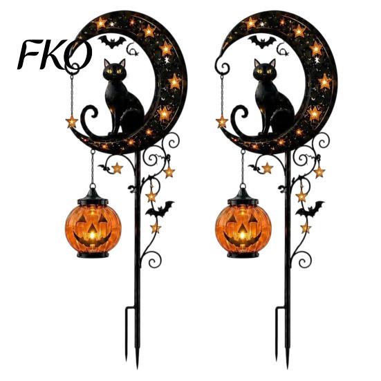 Halloween Solar Garden Stake Lights Light, Metal Black Cat & Pumpkin Moon Waterproof Spooky Bat Decorations for Lawn Patio Yard Pathway Outdoor Decor,