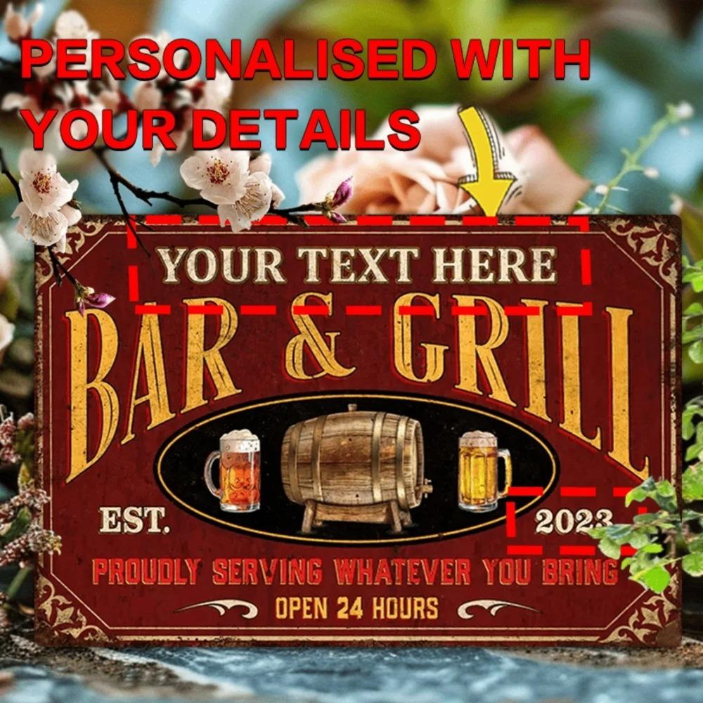 Customizable Aluminum Bar Grill Sign Personalized Name Year Metal Wall Art Pub Decor