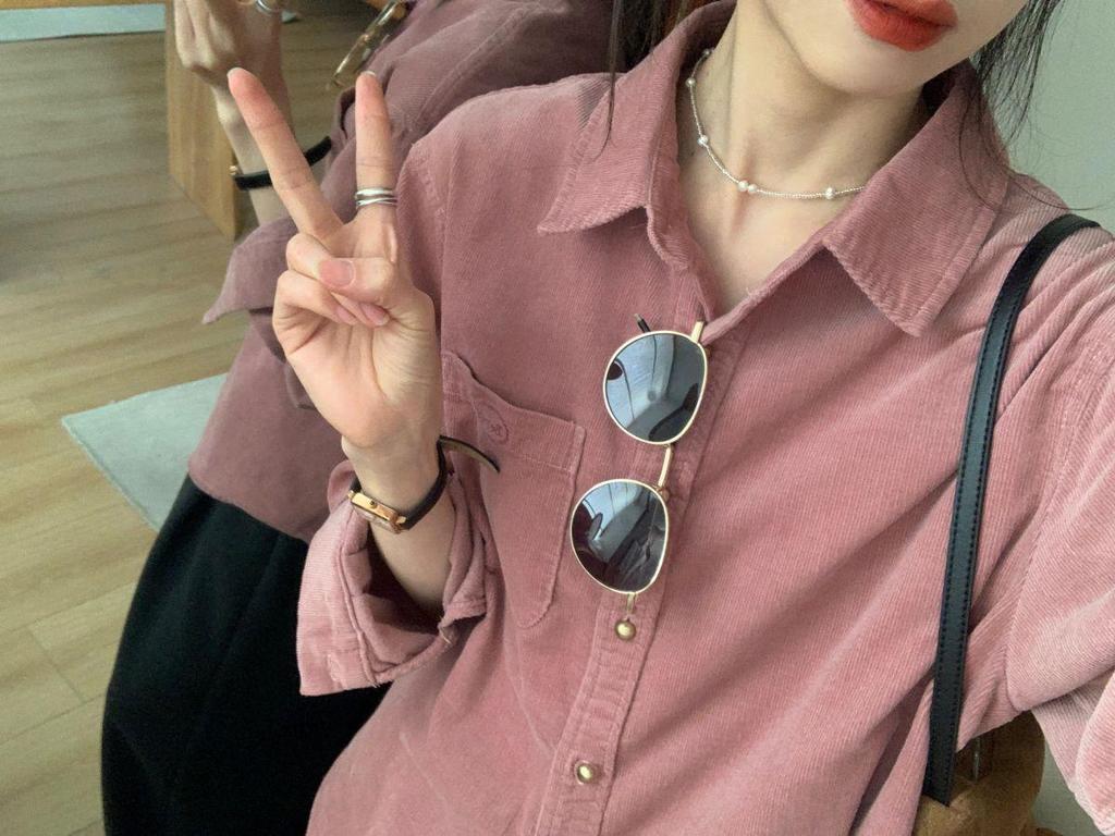 Women's Retro Pink Corduroy Shirt Jacket - Autumn/Winter Long Sleeve Top