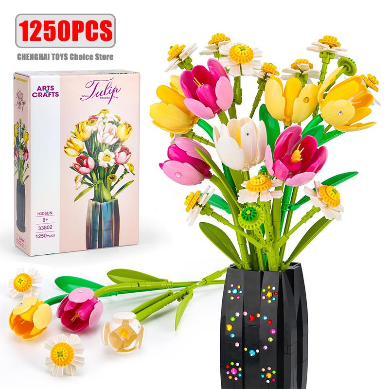 High-Quality 1250Pcs High-Quality Creative Self-assembly High-Quality Tulips High-Quality Plant High-Quality Bouquet High-Quality Building