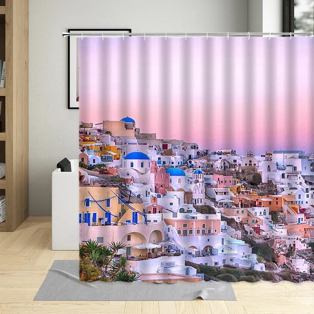 Greek Architecture Town Street View Shower Curtain Flower Window Door Bath Curtains Santorini Bathroom Decor Fabric With Hooks