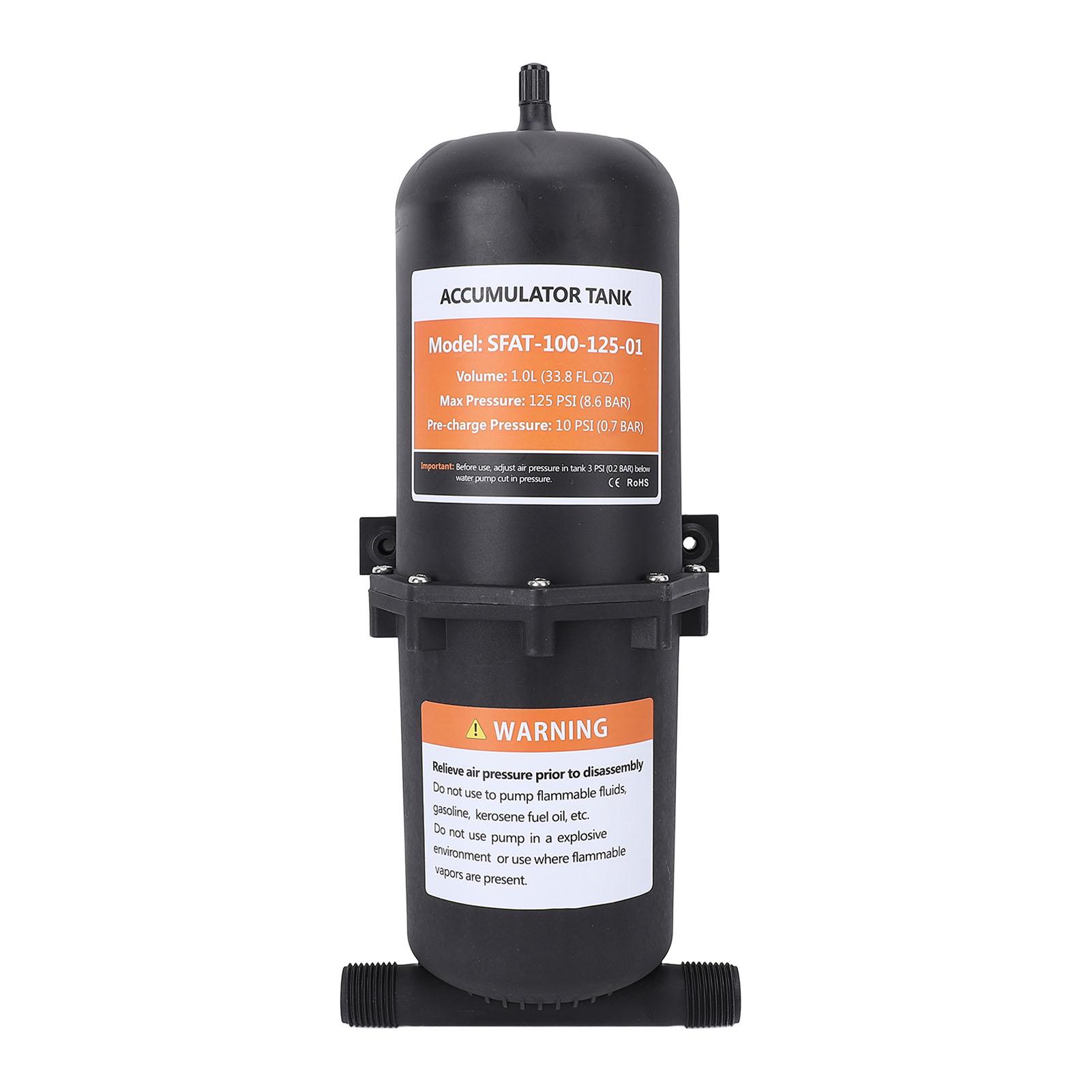 

Предварительно накачанный аккумуляторный бак 1 л 125 фунтов на кв. дюйм 12 дюймов MNPT Аккумуляторный бак для автодома с 2 хомутами, тефлоновая лента