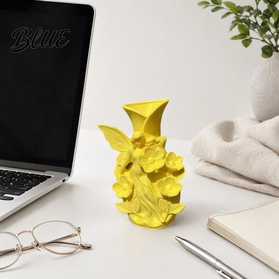 Nordic Style Vase 3D Printed Fairy Garden Sculpture Vase, Fantasy Flower Pot with Cream Yellow Statue, Dual-Use Holder for Desktop Entryway & Creative