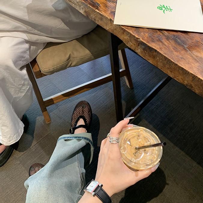 Cowhide Version~ Beautiful Mesh Leather Hollowed-out Mary Jane Single Shoes Women's Soft-soled Flats Sandals Fishing Net Shoes Ladyshoes