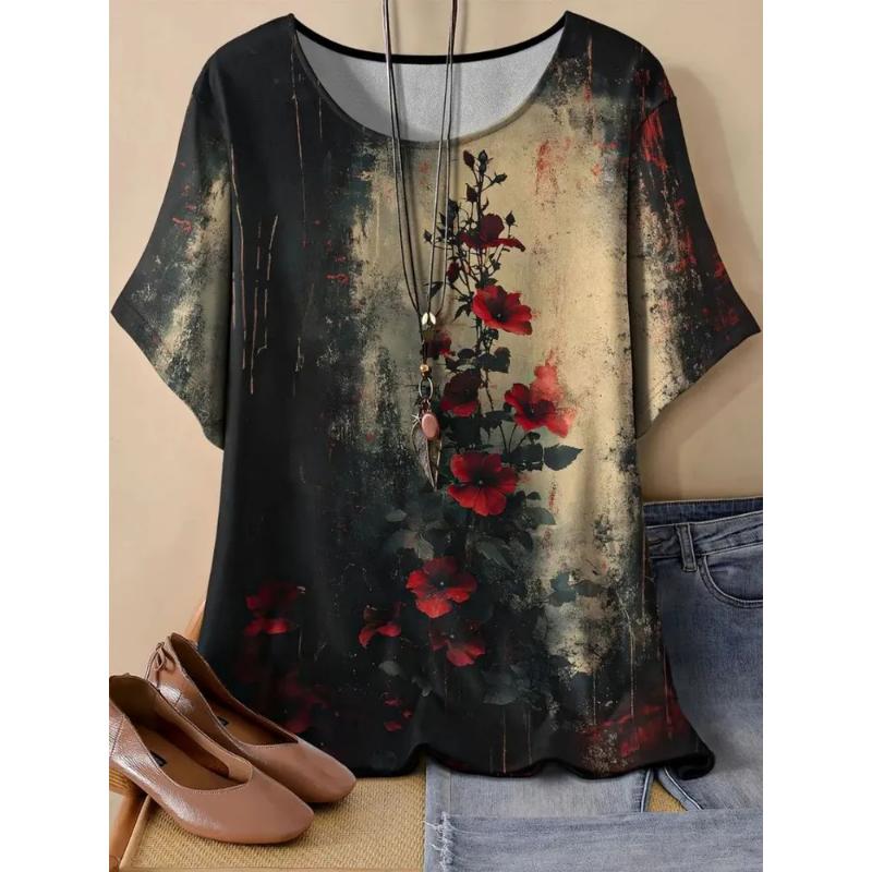 Camiseta de Manga Corta con Cuello Redondo y Estampado de Flores 3D para Mujer