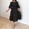 Women Dress Round Neck Puff Sleeve Big Hem Relaxed Fit Single Color Half Sleeve Belted Tight Waist Soft Patchwork Pleated A-line Midi D