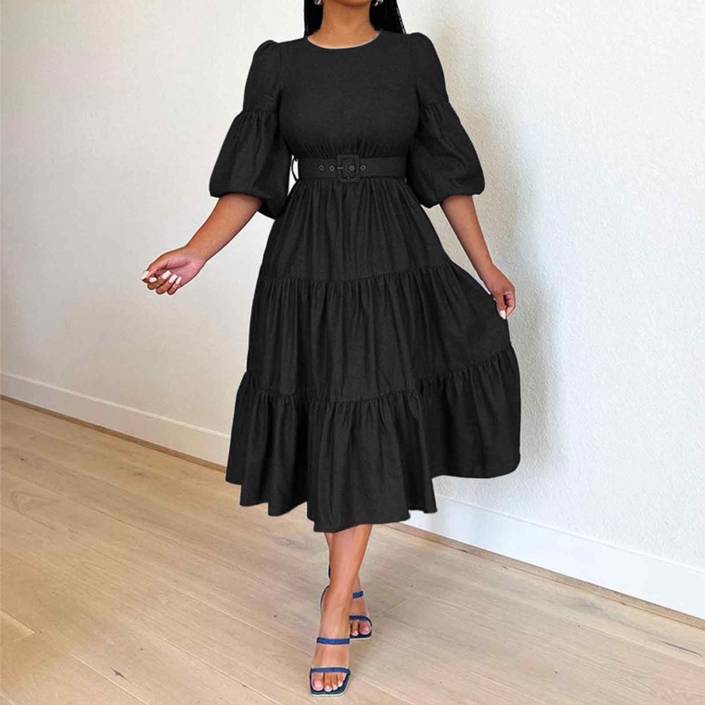 Women Dress Round Neck Puff Sleeve Big Hem Relaxed Fit Single Color Half Sleeve Belted Tight Waist Soft Patchwork Pleated A-line Midi D