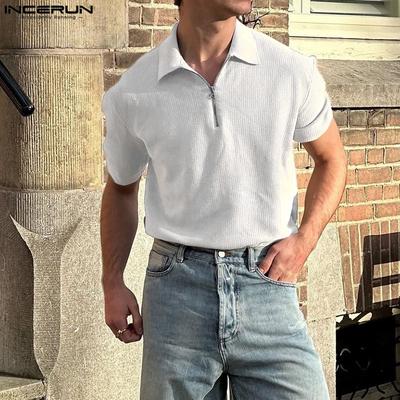 Summer Men Zip-up Lapel Neck Short Sleeve Texture Casual T-shirts Tops