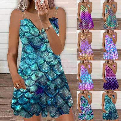 Ladies Casual Sexy Printed Zip V-neck Loose Fashion Off-shoulder Dress