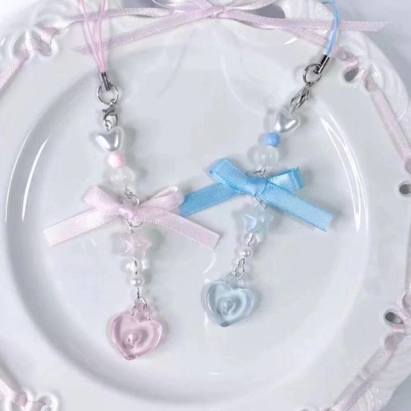 Handgefertigte Perlen-Handykette Süße Schleife Herz Handy-Anhänger Stilvoller Schlüsselanhänger Anhänger Schlüsselanhänger Damen Taschenzubehör