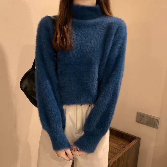 Winter Imitat Nerzwolle Fleecefutter Damen Rollkragen Elastischer Lässiger Pullover Damen Stricktops Pullover Weich Warm