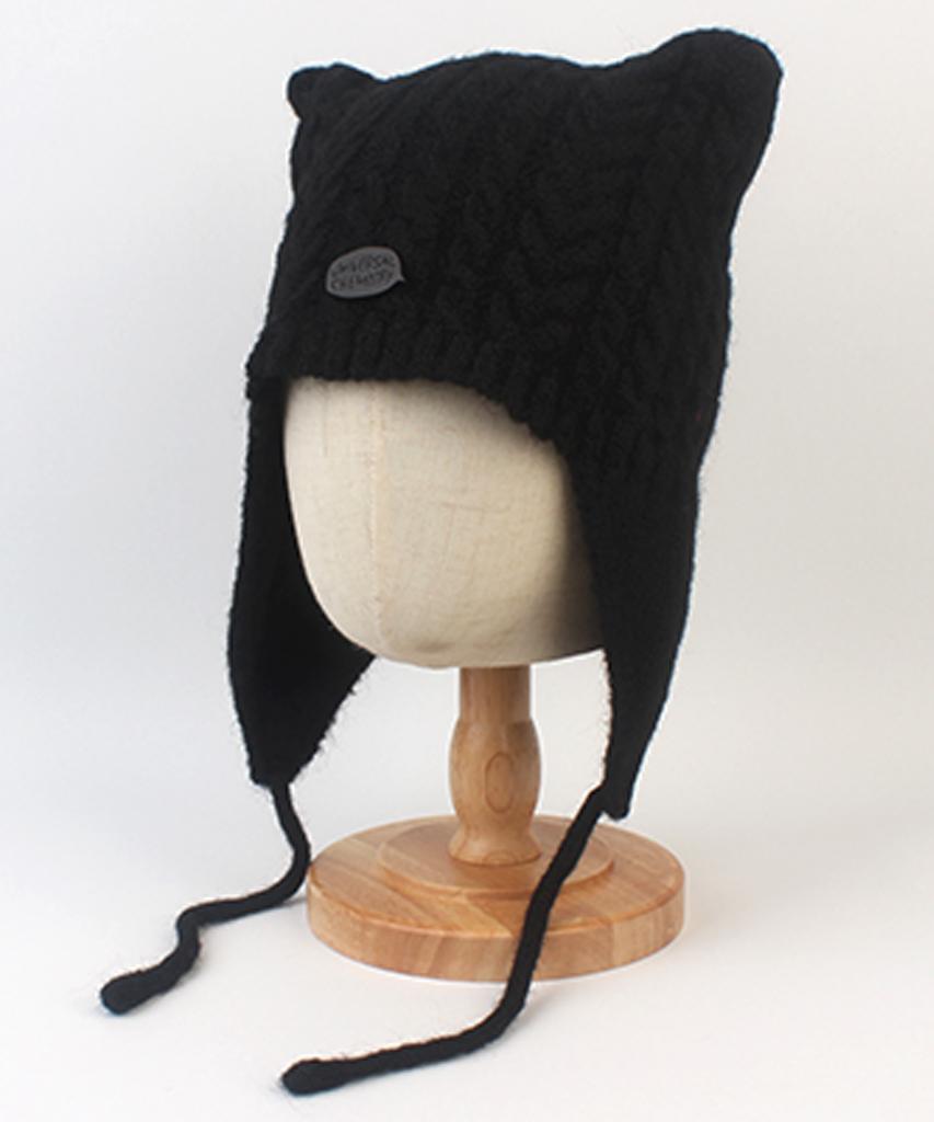 Yunibeosyeolkemiseuteuli Wool Twist Cat Black Earflap Hat