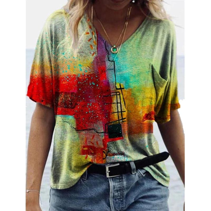 

Модные весенние разноцветные принтованные блузки с коротким рукавом и V-образным вырезом футболки повседневные 8XL фиолетовый