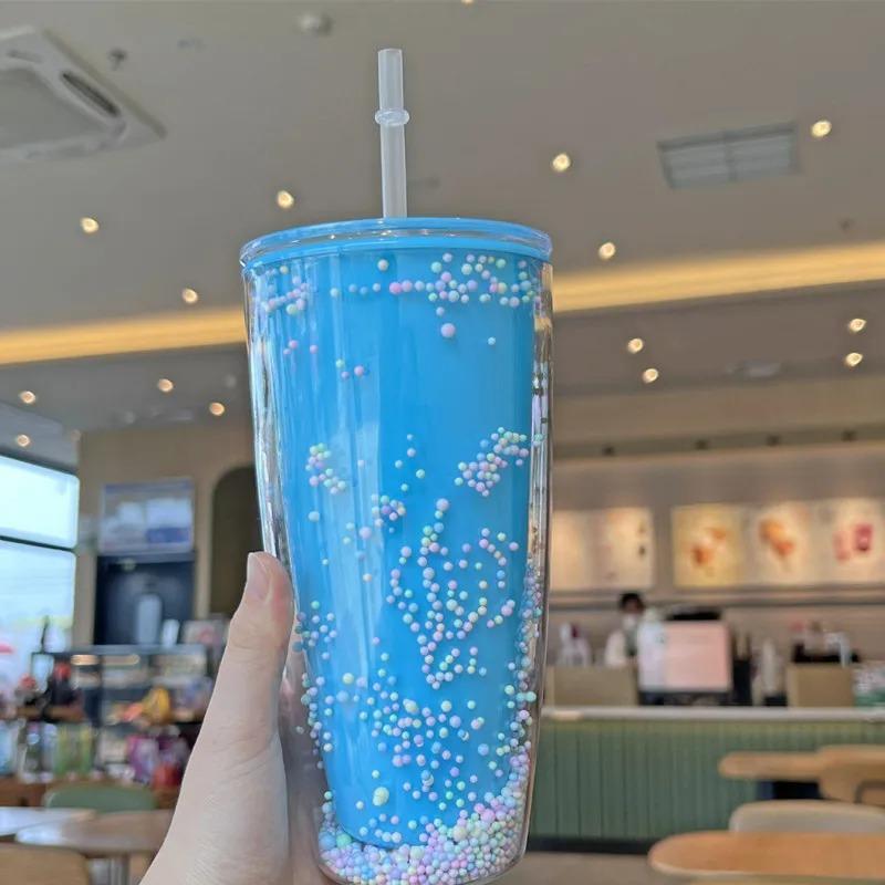 780ml Large Straw Tumbler Cute Kawaii Macaron Bubbles Cups with Straws Double Wall Plastic Water Bottle Drinkware for Girl Women
