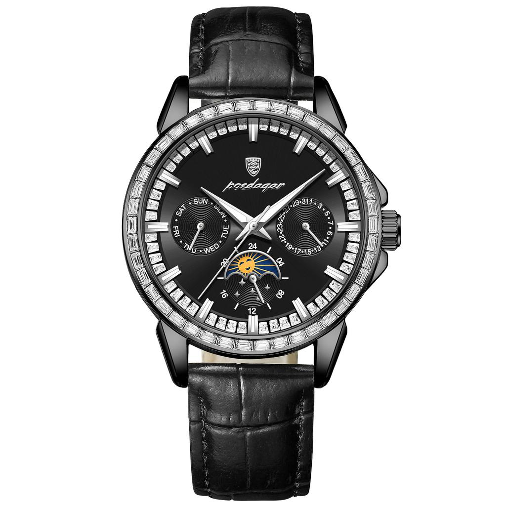 Herren-Quarzuhr mit Diamantenbesatz, Drei-Augen-Sechs-Zeiger-Mondphasen-Zifferblatt, Wasserdichte Herrenuhr mit Leuchtzeigern für Business und Freizeit, Geschenk für die Feiertage