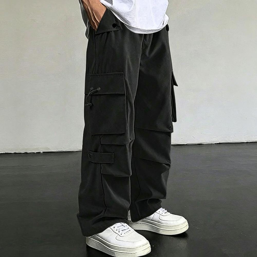 

Loose Men s Cargo Pants American Style Paratrooper Workwear Wide Leg Straight Cut Quick Dry Casual Long Trousers for Autumn S чёрный