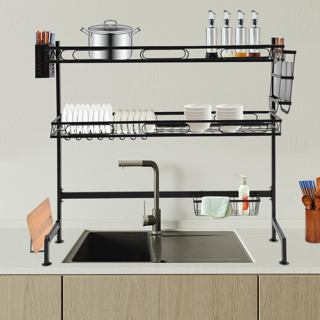 2-Tier Over Sink Dish Drying Rack with Cutlery Holder, Extra-Large 32 Inch Kitchen Counter Organizer, Draining Board for Dishes