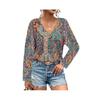 Women'S Bohemian Print V-Neck Long Sleeve Casual Blouses Shirts 2-Mixed Colors XL