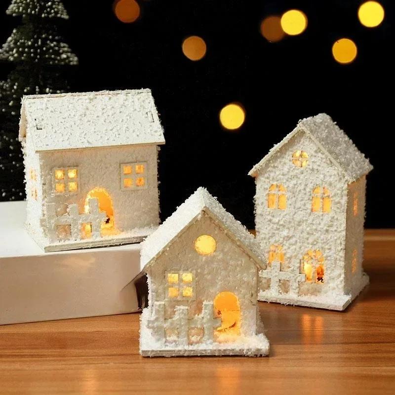Xmas Ornament Christmas Led Light Wooden House with Snowflake Luminous Cabin Christmas Decorations