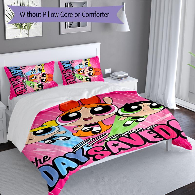 3pcs Custom Name The Powerpuff Girls Bedding Set,Includes 1 Duvet Cover and 2 Pillowcases,All-season Bedroom Decor