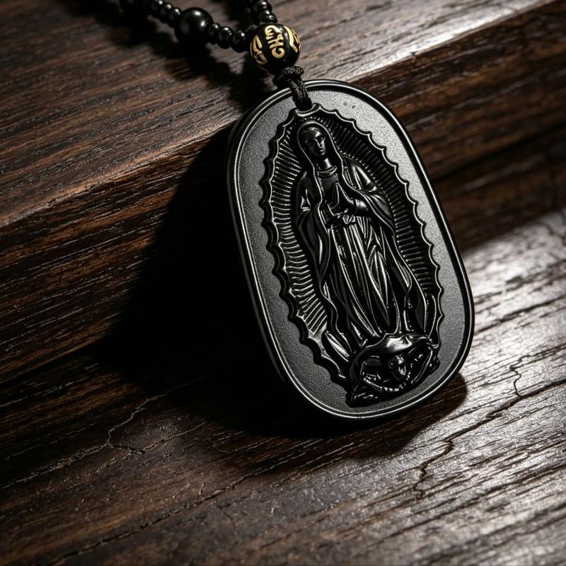 Retro Style Imitation Obsidian Carved Statue Pendant Necklace Unique Design Religious Jewelry for Street Wear