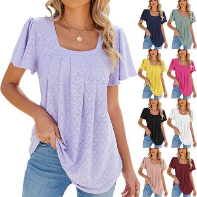 T-shirt Femme Printemps Été Couleur Unie Col Carré Manches Courtes Plissées Coupe Ample Top EMA