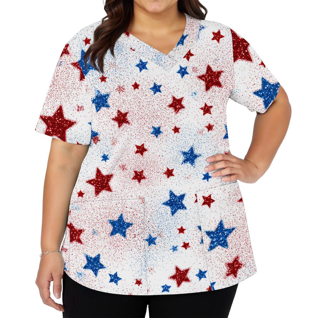 Women's Fashionable Casual Independence Day American Flag And Stars Print V-neck Short-Sleeved Work Shirt With Double Side Slits And Pockets