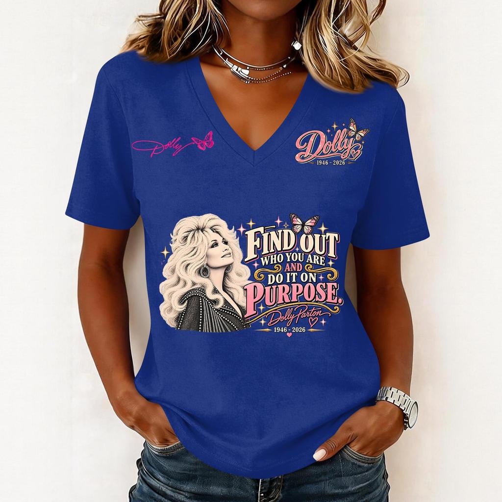 Women's Casual V-Neck Letter Print Short Sleeve Pullover T-Shirt for Everyday Wear