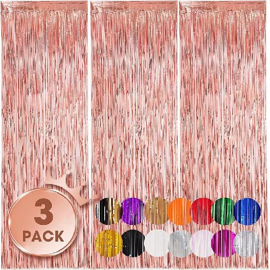 3 Pack 3.3x8.2 Feet Gold Foil Fringe Backdrop Curtains, Tinsel Streamers, Fringe Backdrop for 2025 New Years Eve, Graduation, Birthday, Baby Shower,