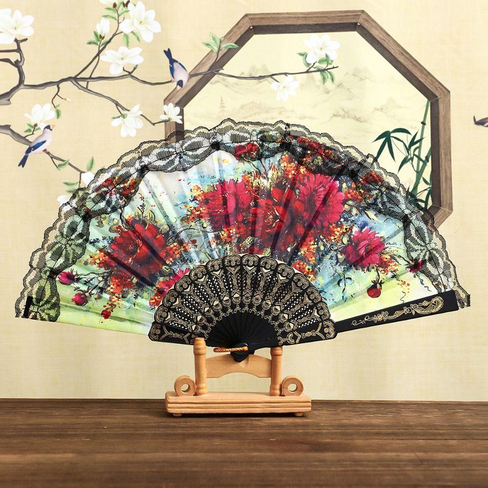 Plastic Ribs Spanish Folding Fan Lace Trim Edge Handheld Fan Elegant Dance Prop Fan Gift