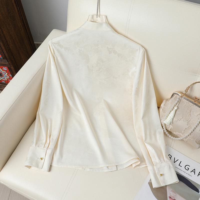 Women's Jacquard High Collar Satin Shirt, Chinese Style Long Sleeve Temperament Top for Spring.