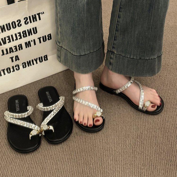 French Style with Skirt Rhinestone Cool Slippers Women's Summer Wear 2025 New Beautiful Seaside Sandals Fairy Silver Slippers
