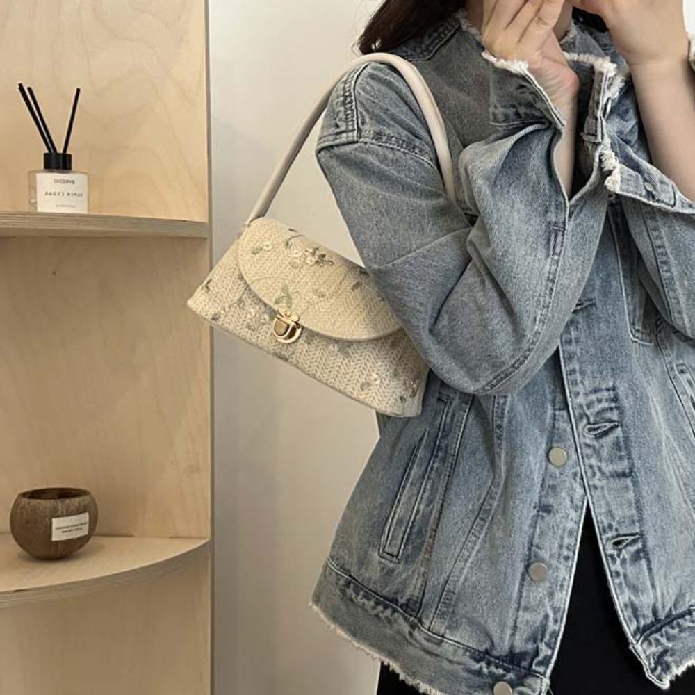 Elegant Beach Straw Hobo Embroidery Handbag Storage Bag Grass Woven Shoulder Bag  Work