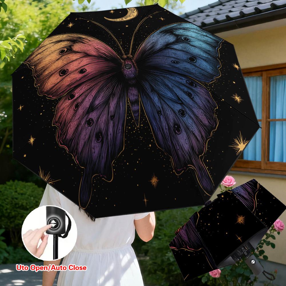 

1pc Automatic Folding Umbrella with Celestial Rainbow Butterfly Print | Auto Open/Close, UV-Protected Canopy, Compact Design w Iron&8K